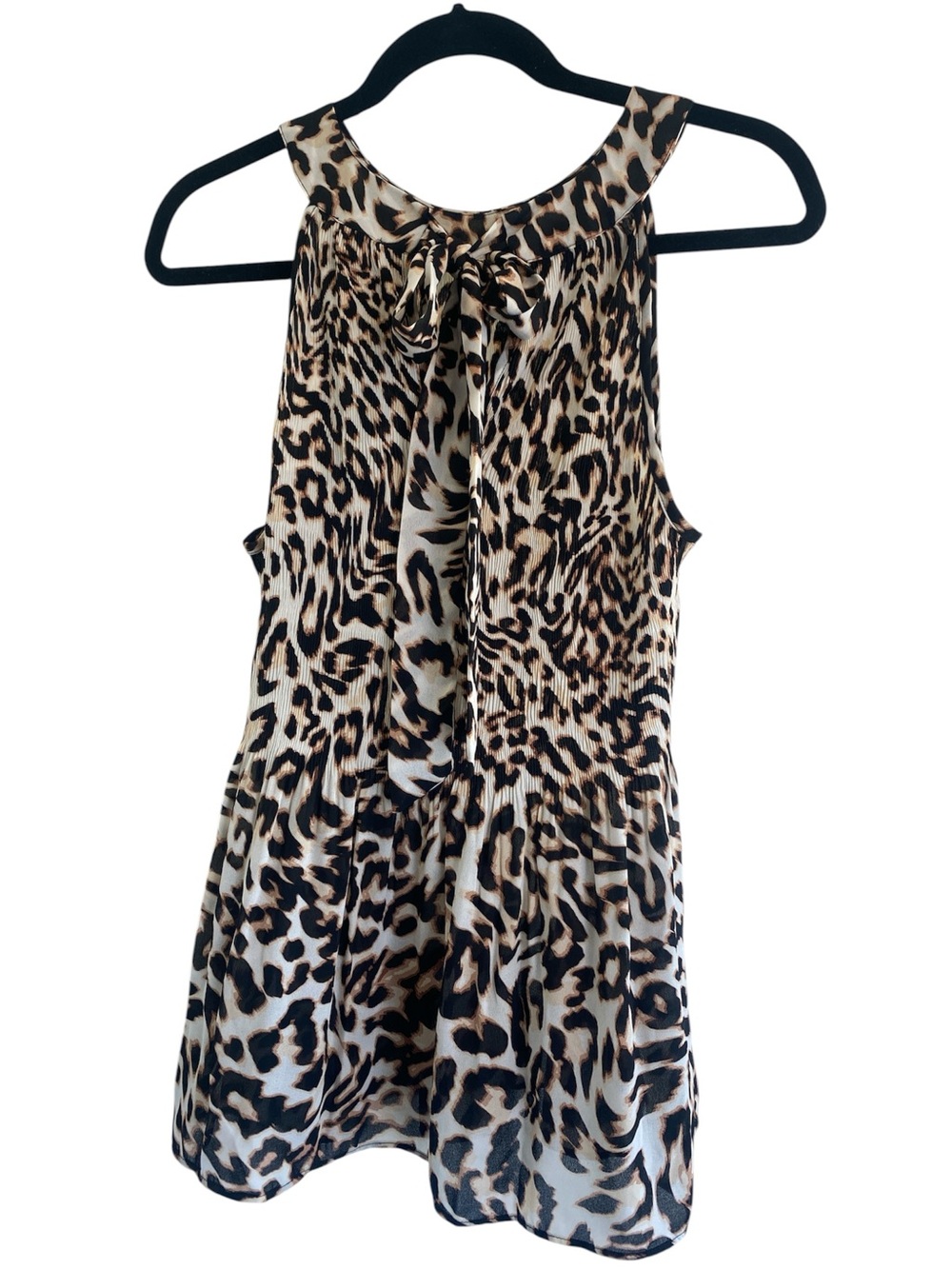 Ninety Clothing Co. Leopard Animal Print High Neck Sleeveless Back Neck Tie Top